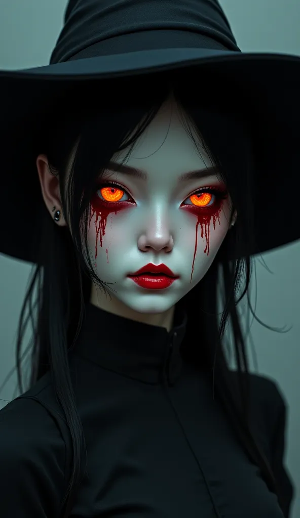 A highly detailed, realistic digital painting of a mysterious and elegant female figure with pale porcelain skin. Her face is of striking, ethereal beauty with fiery orange eyes, glowing like burning embers. Dark red stains and delicate wounds surround her...