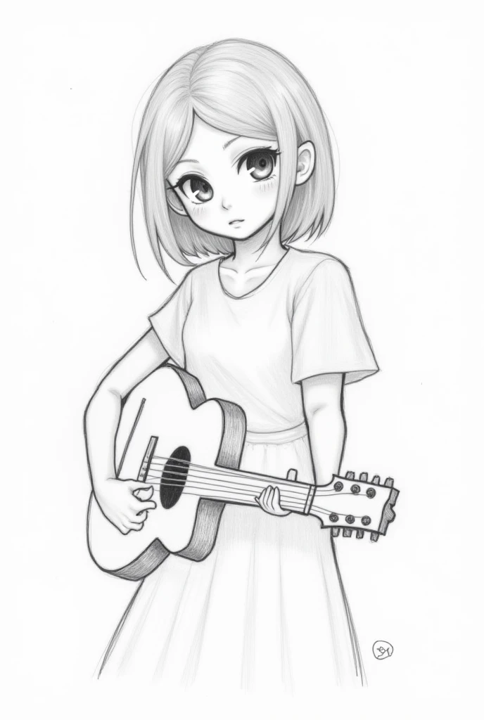 Make a  pencil sketch of a girl with beautiful eyes and a guitar in her hand and an amazing signature of name hamzah is written on the side of paper 