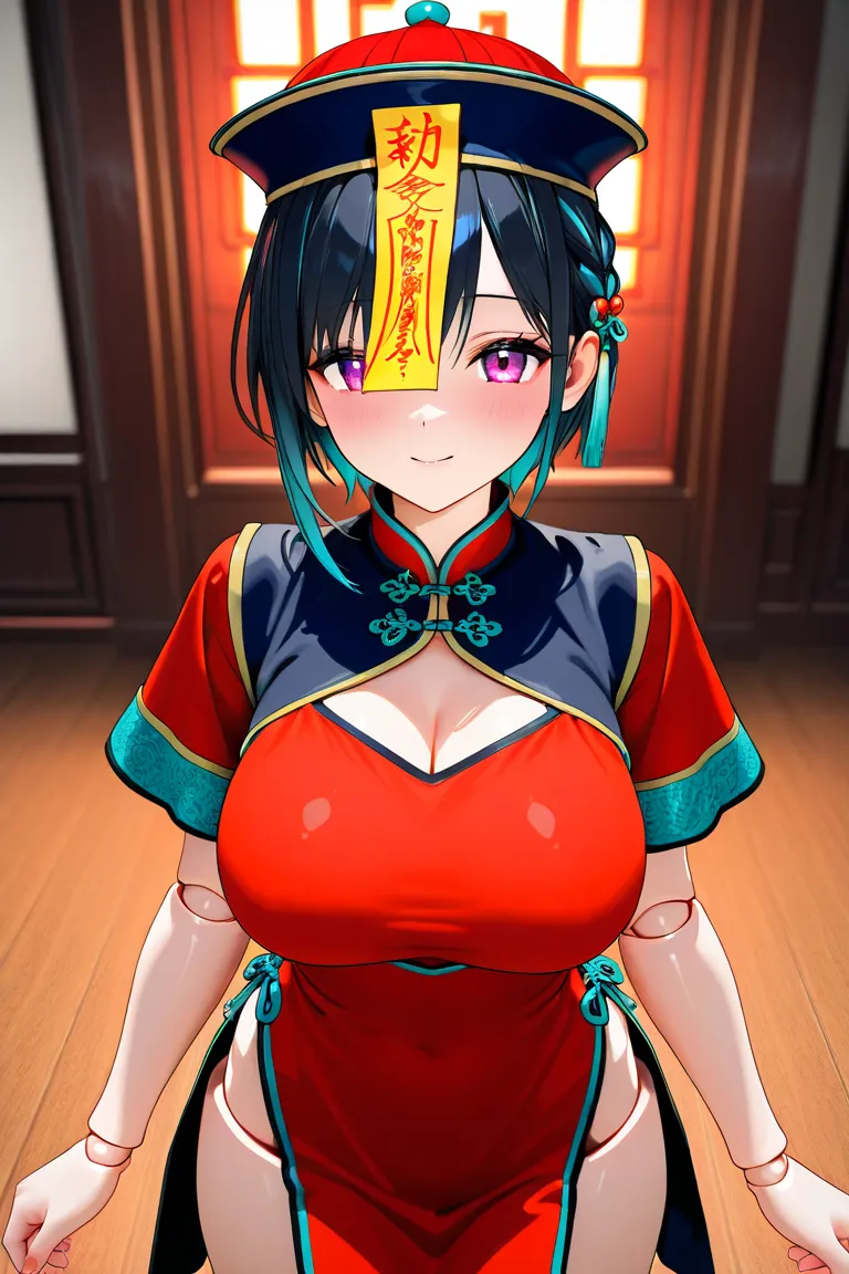 anime style, 1girl, younger female, big breasts, humanoid robot, doll joints, jiangshi, chinese clothes, kuudere, cute, 3d, perfect hands, high resolution, high quality, hd