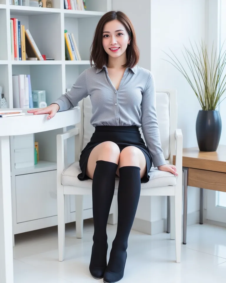 (    Photorealism   :1.2)、 full body portrait 、Smelling black high  socks 。  beautiful日本人モデル、39;   thick legs、  woman  、39;   Office worker uniform    、   black high heels   、smile、Bench on the White Floor 、  Open your legs a little 。 super realistic thick...