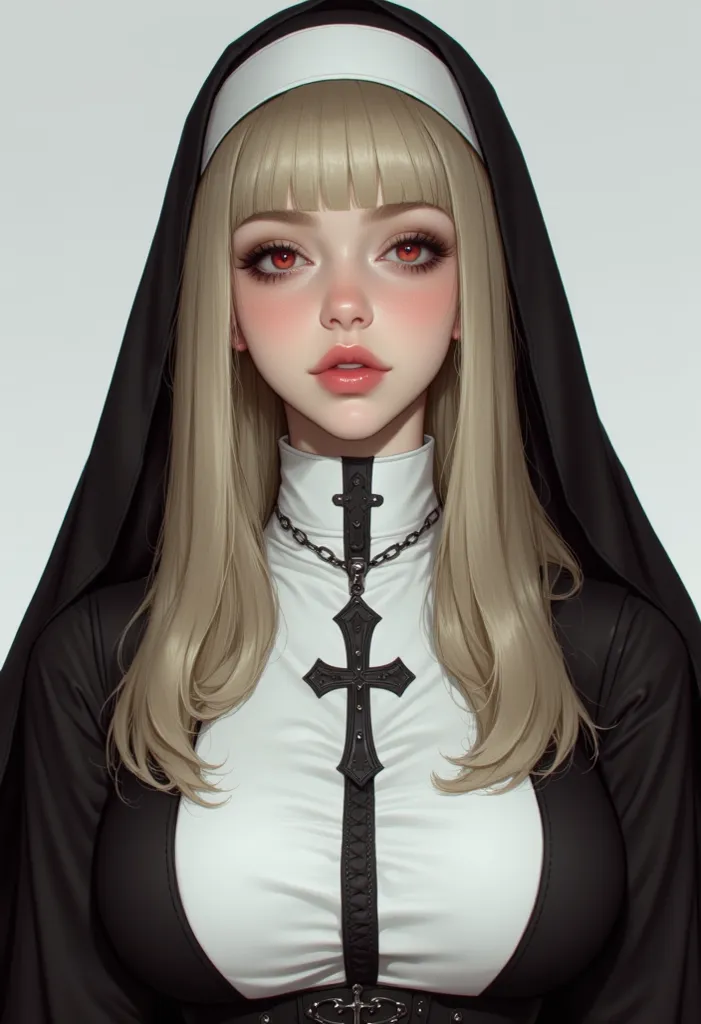  This is a very detailed ,  digital illustration of a young woman in a provocative nun costume , ,  created in hyperrealistic  ,  photorealistic style, blonde, straight light gold hair,  black and white nun peeking out of the habit .  It has a striking ,  ...