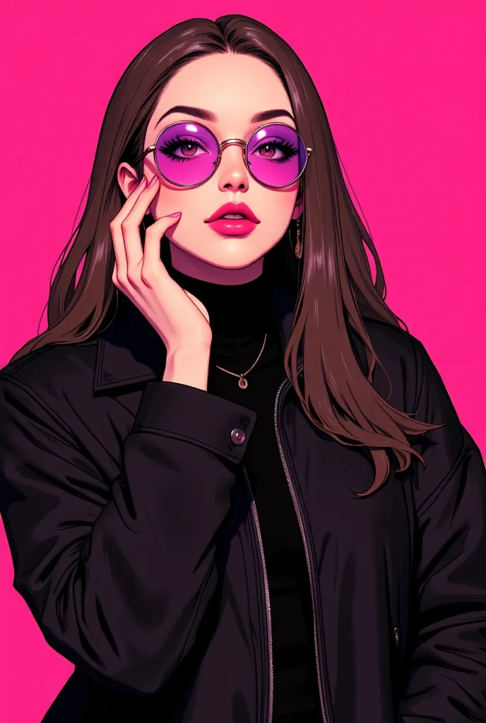 stylish anime-style woman with long, sleek brown hair, wearing round levender sunglasses and a vibrant oversized black jacket. The background is a solid bold pink color, creating a striking contrast. The illustration has a clean, sharp, and minimalistic ae...