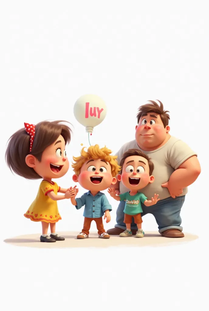 Create an image of an animated cartoon, The white background, there must be 4 characters, 1 girl and 3 boys one wider and stronger, that there is a separation between them, No more than s of age

