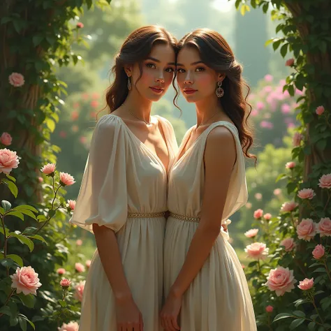 Beautiful women (  pale skin  ) with a figure with a fuller belly, the first dressed in a looser blouse, that will mask this part of the body. The second dressed in an empire dress or with a high waist and heels. Posing in a wonderful garden.