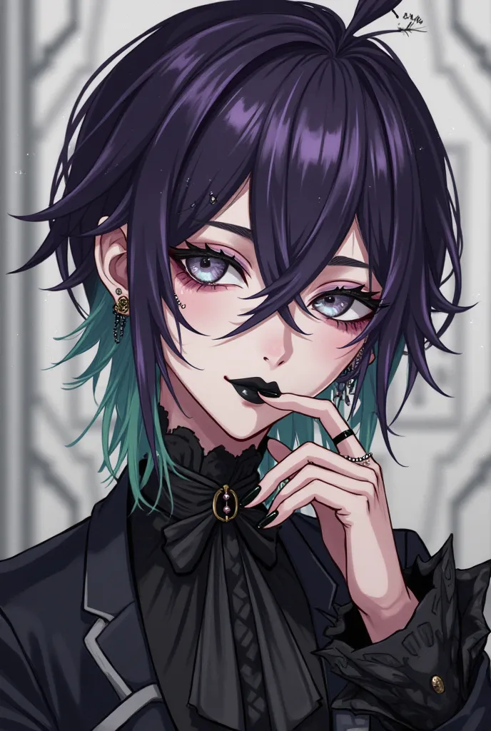 Anime boy, goth, circus clothes,black butler style, dark purple hair whit light green strands, very light grey eyes, dark eyeshadow whit black eyeliner around eye, black lipstick, 3 ear piercings on both ears, 1 lip piercing, 1 eyebrow, 1 tongue piercing, ...