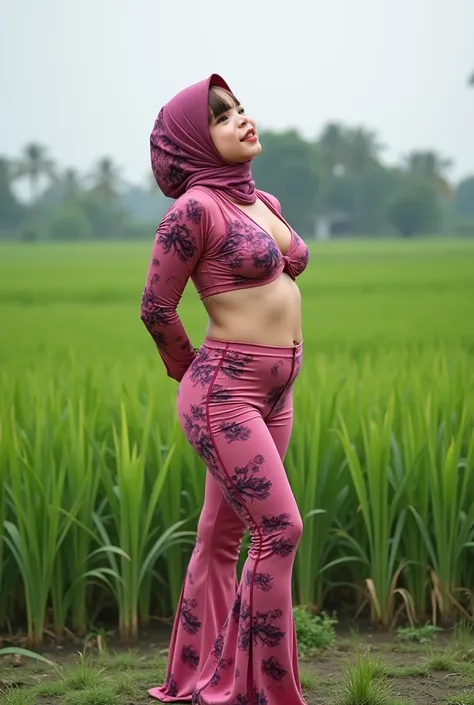 (chubby body), pink flared yoga pants, Makcik (Muscle bodybuilder), SQUATTING (HIGHHEELS SLIP OFF),  "Facial expression in Happy Orgasm", Wearing flora print hijab, Skinny hijab skinny hijab skinny hijab skinny hijab, (photorealistic:1.6) Indonesian hijab ...