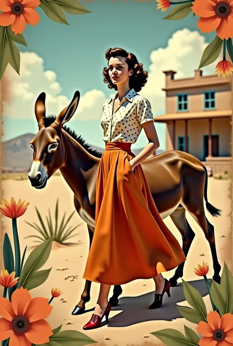 A vibrant vintage collage featuring a stylish 1940s woman with curled hair, wearing a polka dot top and an orange skirt. She walks gracefully in front of classic retro donkey, with a scenic desert backdrop and an old house. The image is surrounded by nosta...