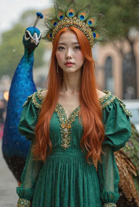  Korean woman with long straight copper red hair long black eyes big eyelashes,velvety mouth peacock crown green dress peacock details peacock heel knots feet full body 
Background large large allegorical car with a peacock colors green and blue feathers i...