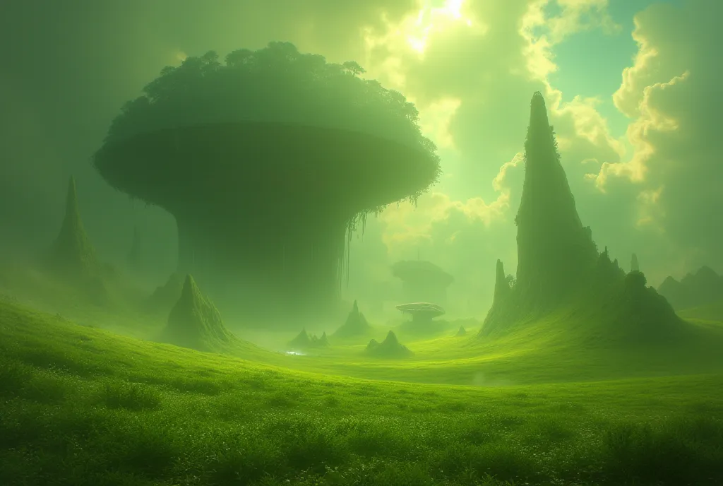 Giant green field, giant floating structure in the sky, on the verge of breaking down, stretches far away, leading to a half broken floating battle ring, vibrant grass golden godrays are shining through the mist.