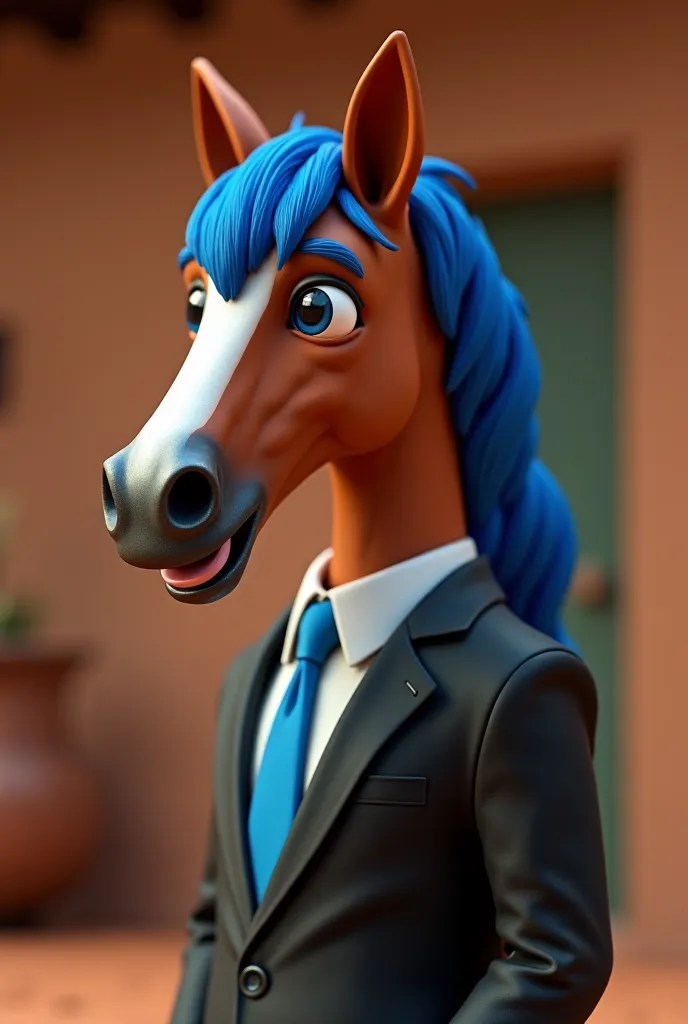 Boljack Herseman, Netflix  ,  with blue hair, Like in real life,  maximum resolution ,   super quality,  Ray Tracing , profile, Media, looking at the camera, posing, laughing,  super realistic, Your skin color is brown, horse face, boljack horseman,  weari...