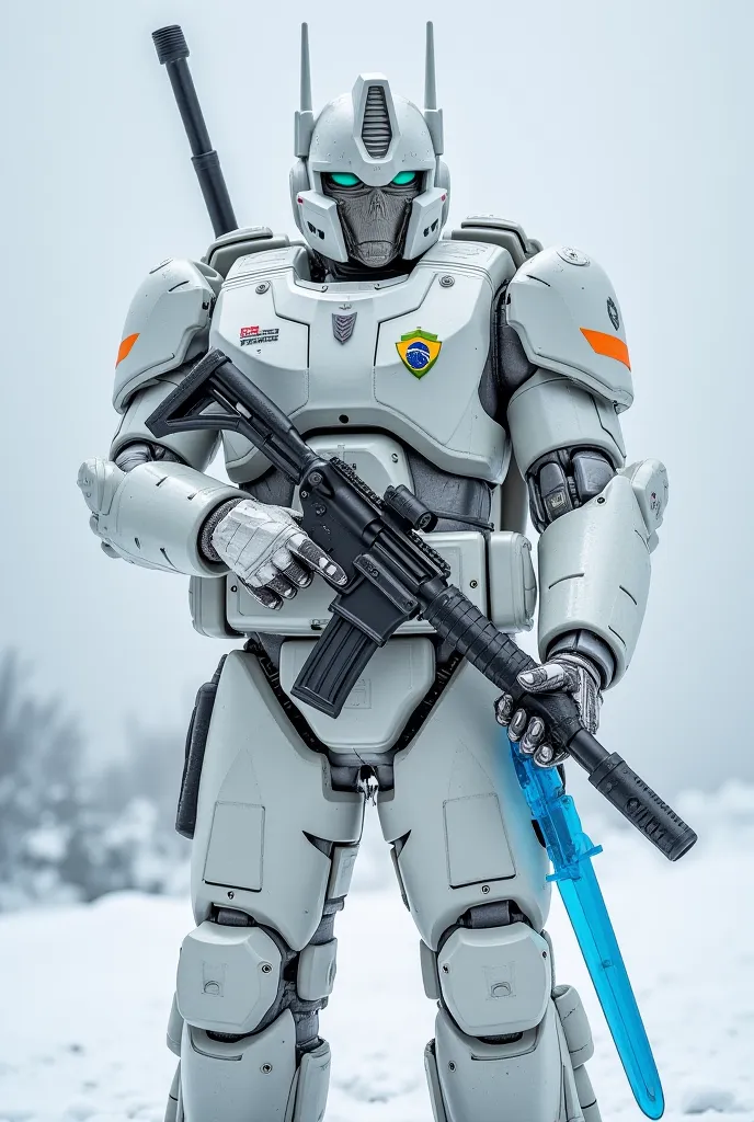 Soldier wearing a white Optimus Prime mask, camouflaged snow-white clothing with an air rifle in one hand and a bright blue sword in the other hand commemorating a Brazilian coat of arms on his clothes.
