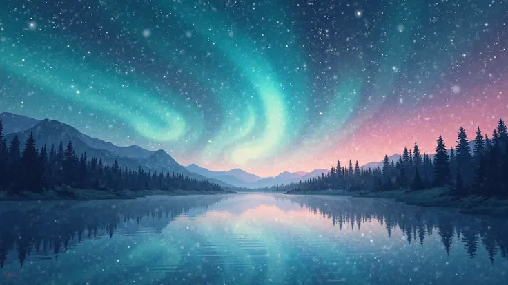 A quiet lake , illuminated by a nocturnal aurora in watercolor, with dreamy strokes in teal and pink, flowing across a midnight sky. Soft color gradients and flowing outlines create a calm, alien atmosphere