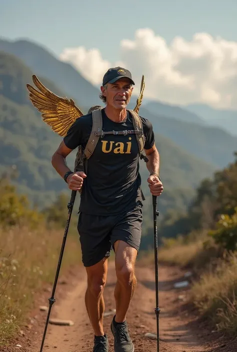 A mountain runner, wearing two trekking poles and hydration backpack black t-shirt and cap. 

Seek sponsorship through an image running on the highways of the Serra Mantiqueira from the Ultramarathon of the Angels International.

It had golden wings on the...