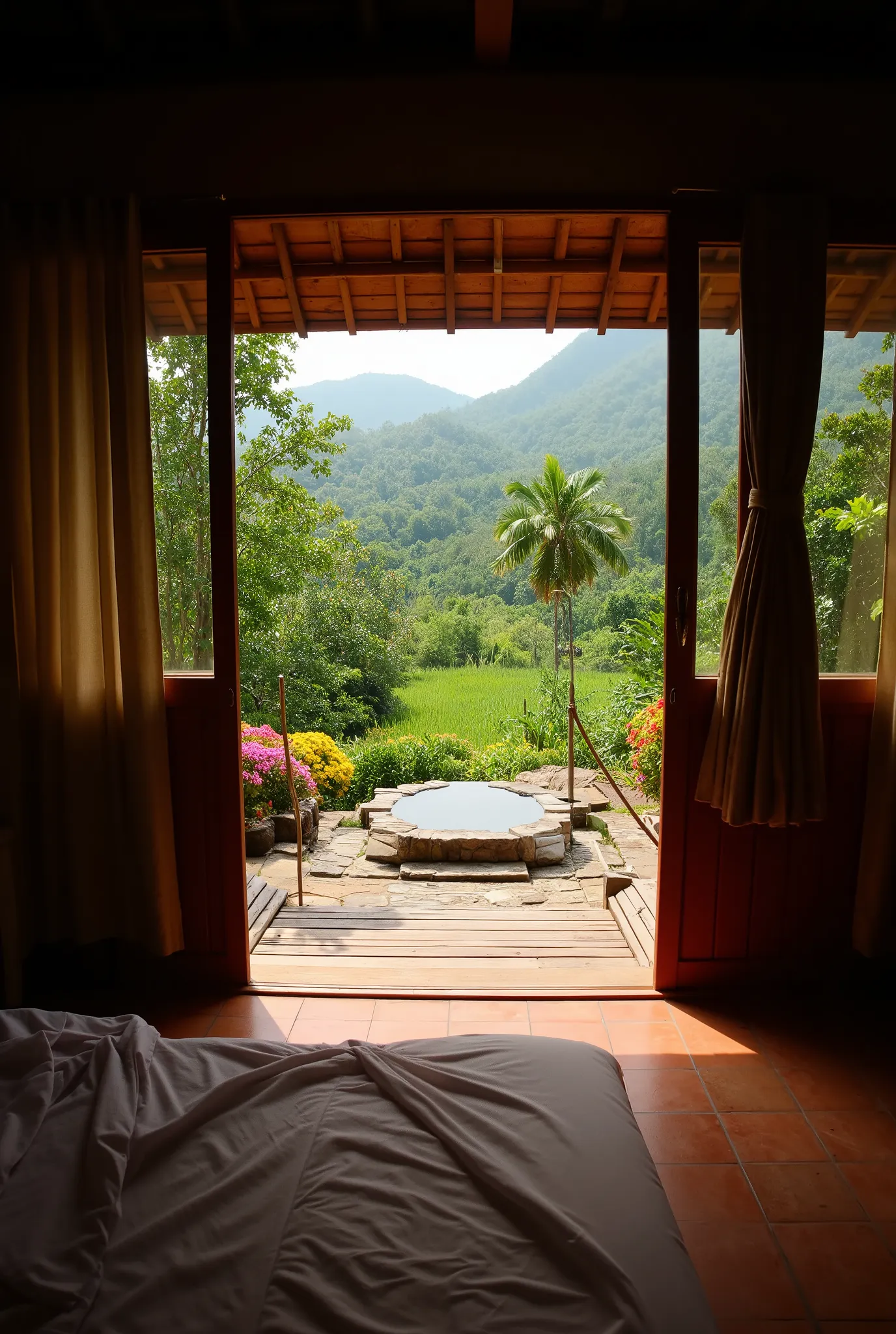 View from inside the dark room with wet largest wooden  terrage and wooden windows Looking from the  terrage of the village House Made from Terakota bricks  Indonesian denses junggle with tabebuya trees on flowering , rice plants field,bamboo bed, stoney p...