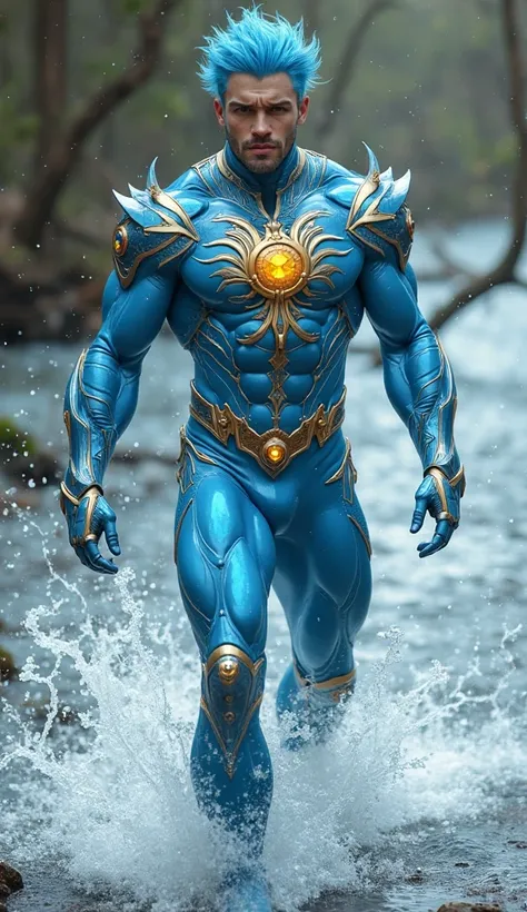 Full body photorealistic handsome hunky fractal masculine powder blue haired tryto ,wearing a blue with gold  transparent crystal chrome glass trimmings super suit , look at camera, detailed face parts,,, swaying water  as background, Freestyle Pose, Happy...