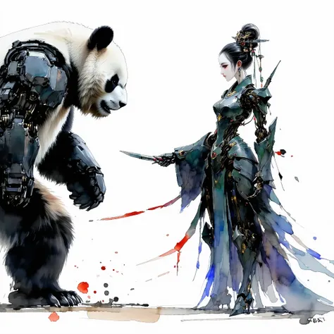 Ink and watercolor, a painting of an oriental female warrior goddess with an android body, challenging a giant evil giant panda standing before her, her inner boldness and aura are depicted with rough brushstrokes, Cyber ​​City, she is equipped with hyper ...