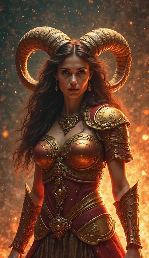 " A powerful representation of the Aries sign . An imposing warrior or warrior, with detailed armor in shades of red and gold,  symbolizing strength and courage . Curved sheep horns emerge from her head, radiating an aura of determination. The background i...