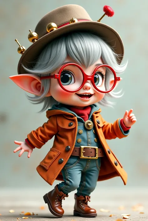 A baby girl  ，personal， pointy ears，gray hair，women's hat, round red-framed glasses，  steampunk，High resolution Dancing Cheerful.