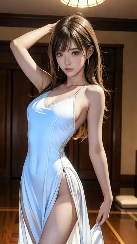 (realistic pictures),(Highest quality)、((８ｋ images)),Alone, beautiful Japanese woman、 20 Year Old Gravure Idol , (Good looking),very cute,   Charming Eyes,(( Gentle and Gentle Smiles )), brunette medium haired 、((Airy mash hair)),(big breasts:1.3),( Chest ...