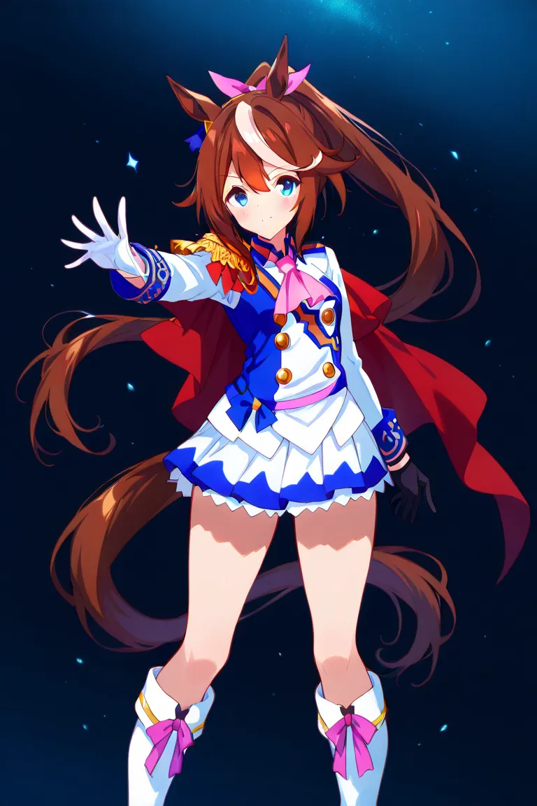 tokaidef, horse tail, long hair, hair flaps, high ponytail, hair ribbon, pink ribbon, animal ears, red cape, multicolored jacket, two-tone jacket, white jacket, blue jacket, epaulettes, single epaulette, pink ascot, buttons, double-breasted, long sleeves, ...