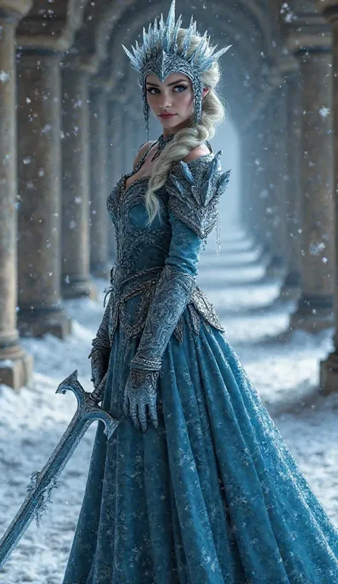 ((Hyperrealistic))((Photorealistic)) Princess Elsa is a "Ice/Paladin with plate armor with helmet/crown made from dark ice" and she wields Frostmourne, in a Corridor with stone pillar's. She is looking at the viewer. Full-body view. 