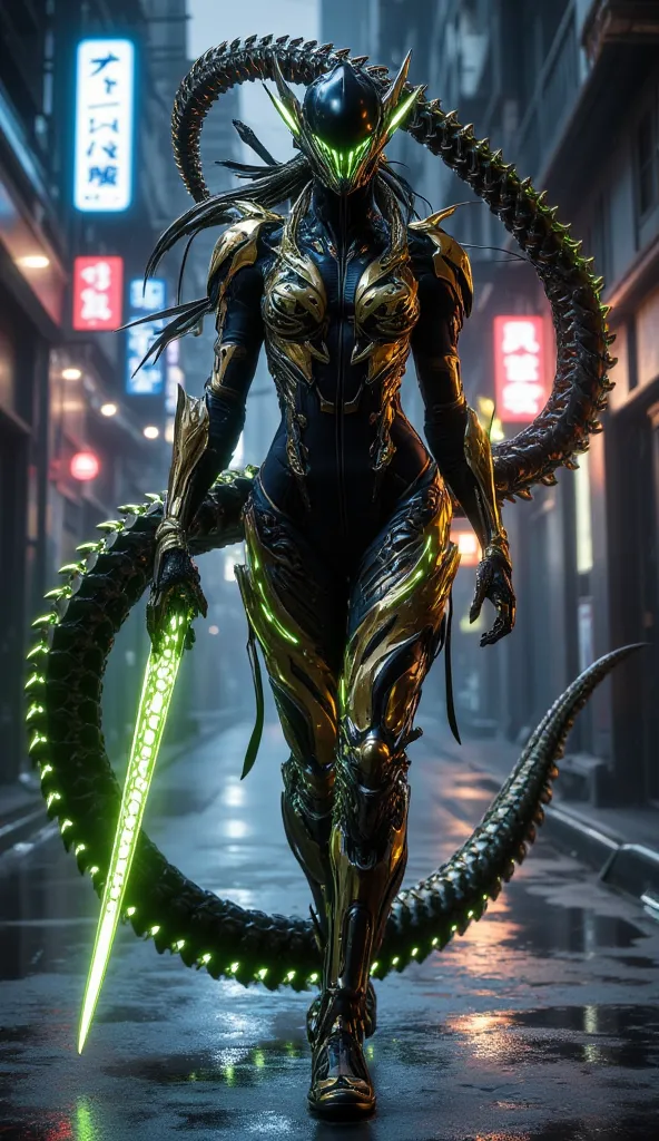 **"Virexa, the venomous serpent queen from Mortal Kombat, confidently walking through a neon-lit alley, her nano-tech suit glistening with intricate patterns that pulse with vibrant green and gold lights. Her snake-like eyes glow faintly, exuding an aura o...