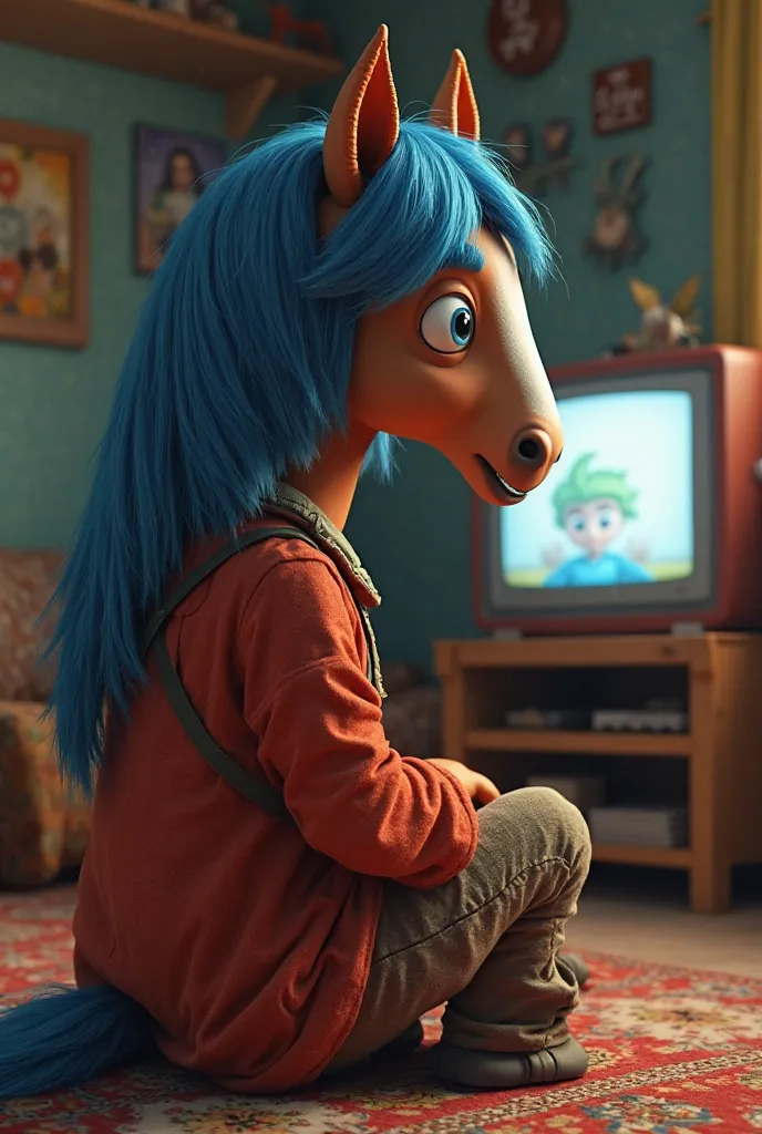 Boljack Herseman, Netflix  ,  with blue hair, Like in real life,  maximum resolution ,   super quality,  Ray Tracing , Media,  watching TV , on the back,  super realistic, Your skin color is brown, horse face, boljack horseman,  wearing a simple outfit , h...