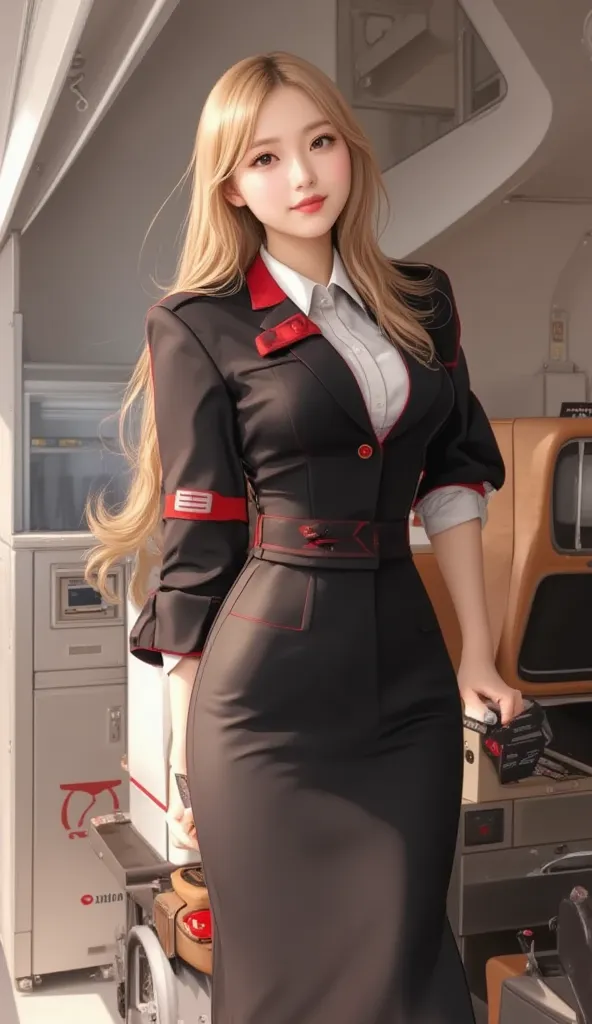 (( masterpiece,  top quality)), ( 1 sexy flight attendant girl), Japan airlines, (Alone), ( focused on women), (stupid hair, ,  very long hair),  blond eyes ,   light smile,  Open Your Mouth, Big breasts and deep cleavage、((transparent flight attendant uni...