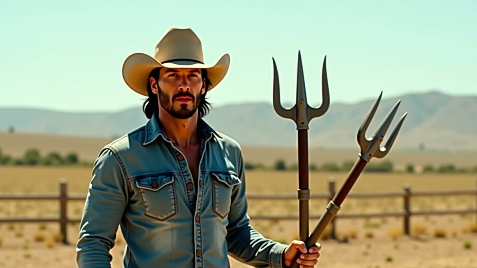 ultra realism. 4K. Better quality. Actor Keanu Reeves, in denim clothes, is standing with pitchforks on his ranch. Clear sunny day. He watches an aggressive and vicious gang of Mexican bikers approach him on bikes. 