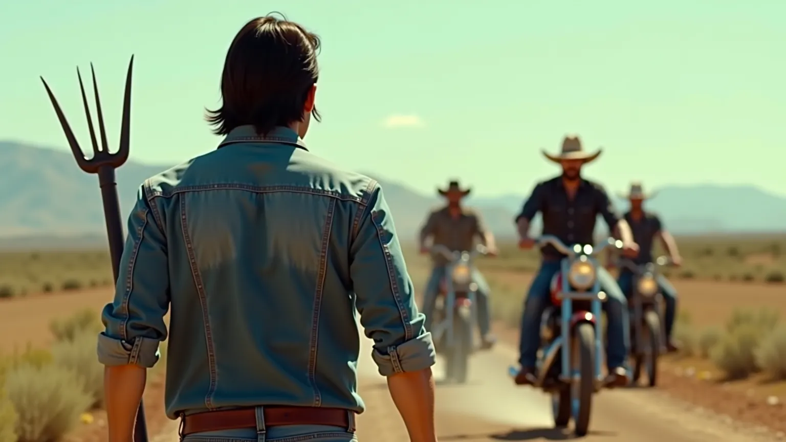 ultra realism. 4K. Better quality. Actor Keanu Reeves, in denim clothes, is standing with pitchforks on his ranch. Clear sunny day. He watches an aggressive and vicious gang of Mexican bikers approach him on bikes. 