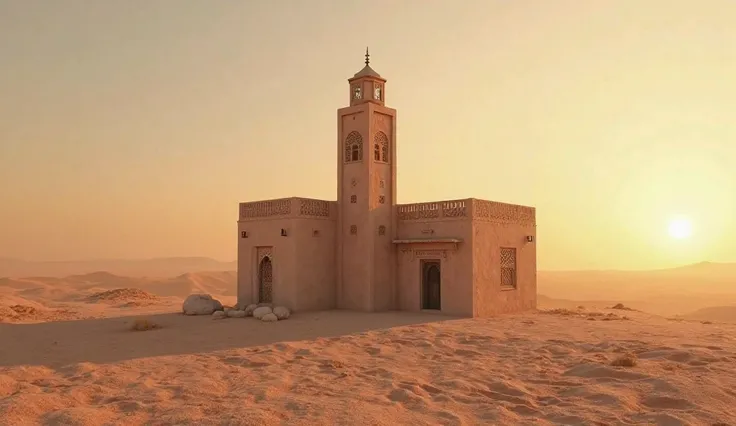 A small village mosque made of mud bricks, with a tall minaret against the golden desert sky during sunset.