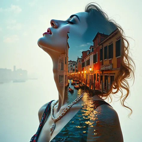 A high-contrast double exposure artwork of a woman with her head tilted upward, eyes closed, and lips slightly parted, wearing an elegant necklace. The woman's profile is seamlessly blended with a vibrant and colorful Venetian landscape. The scene includes...