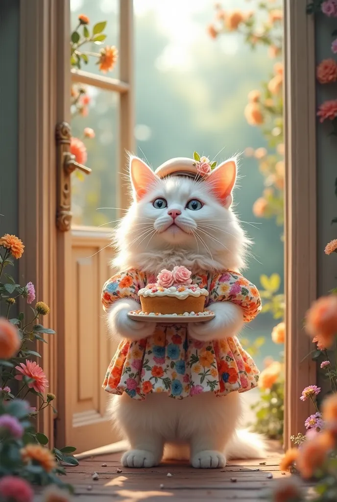 White fluffy cat stands at an open front door with a cake in his paws, He wears a floral beret and a costume with flowers, background flowers outside