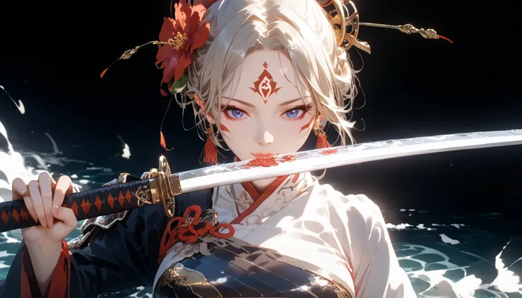 Anime Girl 1 , sexy,beautiful, holding a sword in his hand , Hong Kong Warrior , bright color,Shine, Two Hair Colors ,  vivid depiction in Josephine Wall's play , masterpiece, Maximum Ideal Characteristics ,Средняя beautiful Грудь, Part of the Body ,cloth,...