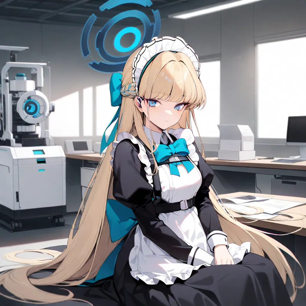  masterpiece, Highest quality, very aesthetic,  super precise,
1 girl, Alone, 
LMof course, of course, lOng hair,  halo, blOnde hair, lOng hair, Maid, lOng dress, black dress,lOng sleeves,  blue eyes, puff sleeve, Maid aprOn,  ,  blue waist ribbon, blue na...