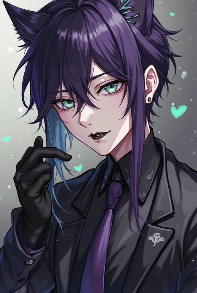 Anime boy, circus clothes,black butler style, dark purple hair whit light green strands, very light grey eyes, dark eyeshadow whit black eyeliner around eye, black lipstick, 3 ear piercings on both ears, 1 lip piercing, 1 eyebrow, 1 tongue piercing, black ...