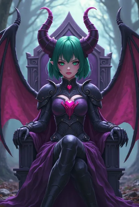 .Heart Hodge . Cyan Green Eyes. small breasts.

 close : Demon Horn, Demon Tail, Demon Wings 
, Full Armor Purple

mystical magical purple powder, green hair,2 buns short hair,Dairy-free, neutral,Little devil


Scenery: Dark Forest , throne,
Anime Realisti...