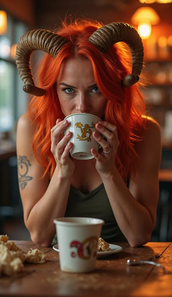 The same highly energetic Aries rising woman with striking, vibrant red hair and natural Aries ram horns, maintaining her strong, athletic build. She is sitting at a cluttered café table, gripping a large coffee mug with both hands, taking a big sip with a...