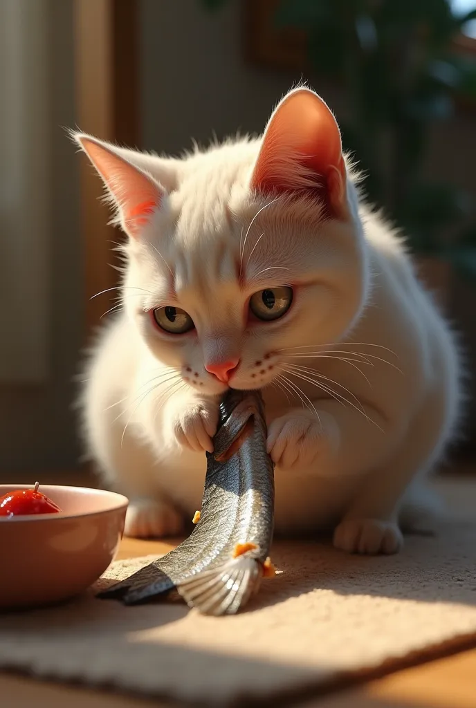 A cat is eating fish.