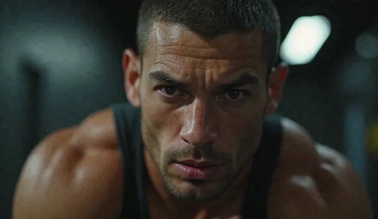 A close-up of the man's face, exhausted but with a fierce look of determination, under a flickering gym light, as if in deep thought about pushing forward.