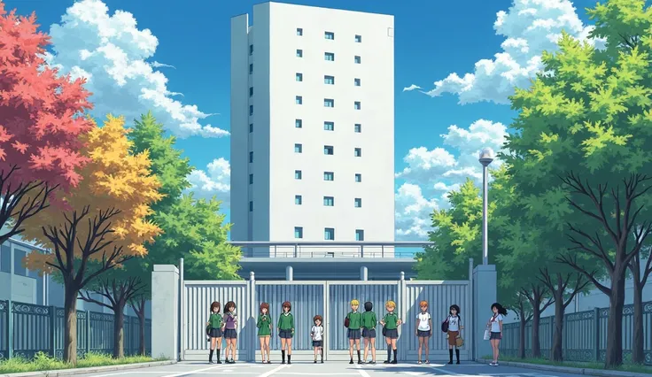 Outside a basic looking white gate, large very long 4 story tall basic school building behind gate, age students wearing green and white uniforms, anime style image, no cherry blossoms, no archway, diverse coloured trees, no Japanese archway, urban surroun...