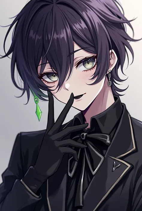 Anime boy, circus clothes,black butler style, dark purple hair whit light green strands, very light grey eyes, dark eyeshadow whit black eyeliner around eye, black lipstick, 3 ear piercings on both ears, 1 lip piercing, 1 eyebrow, 1 tongue piercing, black ...