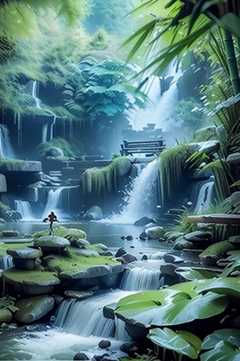 Guilin Landscape Scenery，山間Creek， Creek， the Trees，Cave Cave,  Waterfall Man , Tree, Creek, bamboo, deer,  Hot Springs , steam, firefly， Mystery，lotus，(beauty，exquisite:1.3),(illustration: 1.0), Epic Works, Real Lighting, 【 HD detail , masterpiece, Best Qu...