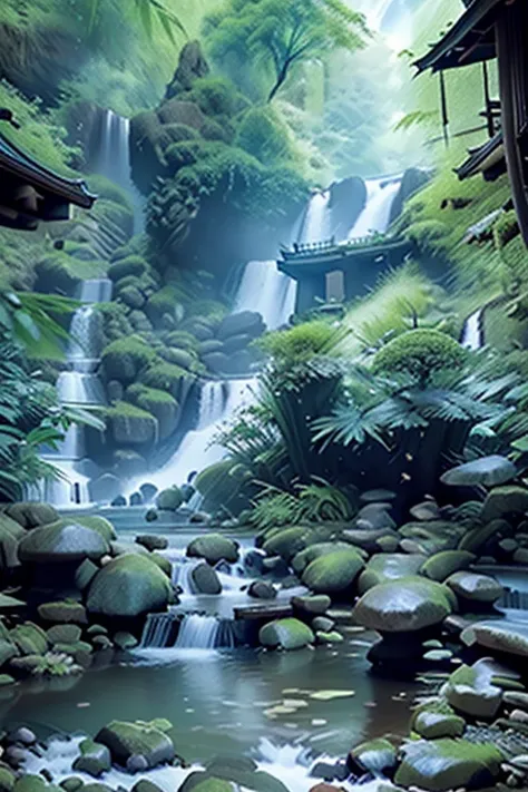 Guilin Landscape Scenery，山間Creek， Creek， the Trees，Cave Cave,  Waterfall Man , Tree, Creek, bamboo, deer,  Hot Springs , steam, firefly， Mystery，lotus，(beauty，exquisite:1.3),(illustration: 1.0), Epic Works, Real Lighting, 【 HD detail , masterpiece, Best Qu...