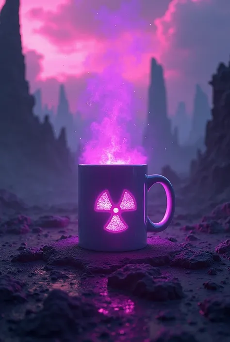 Mug with purple neon radiation background