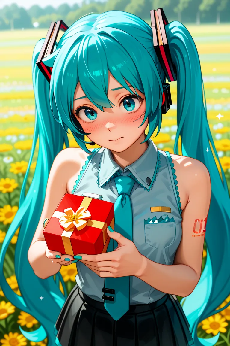 (Highest quality), (8k detailed), ( masterpiece), masterpiece ,(1 person) , woman ,  Hatsune Miku ,  turquoise hair  , twin tails ,  shy face ,  create a perfect body line  , Hot body ,  up to half the thigh , red 01 tattoo on one upper arm ,  exact finger...