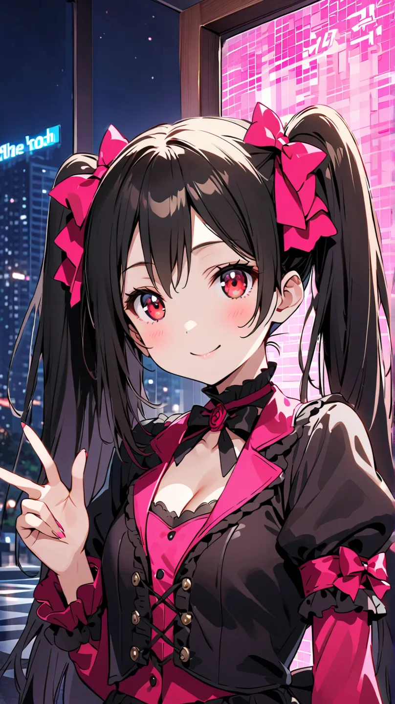 ((Highest quality,high resolution, 8k))

 Portrait of a Woman  ,20 years,nico yazawa、closed her mouth、 upper body, 
idol costume where you can see yourself ,The clavicle is visible, cleavage is visible, small tits,

smile,red eyes、 beautiful neat hair、 bla...