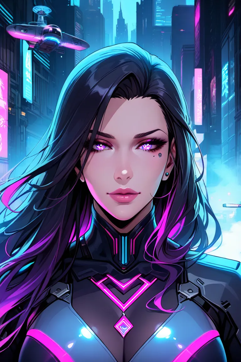 A full-body portrait of a stunning female soldier in a cyberpunk setting. She wears high-tech, tactical soldier attire fitted for a futuristic battlefield, featuring sleek armored plating with glowing neon blue and purple accents. Her long, wavy black hair...