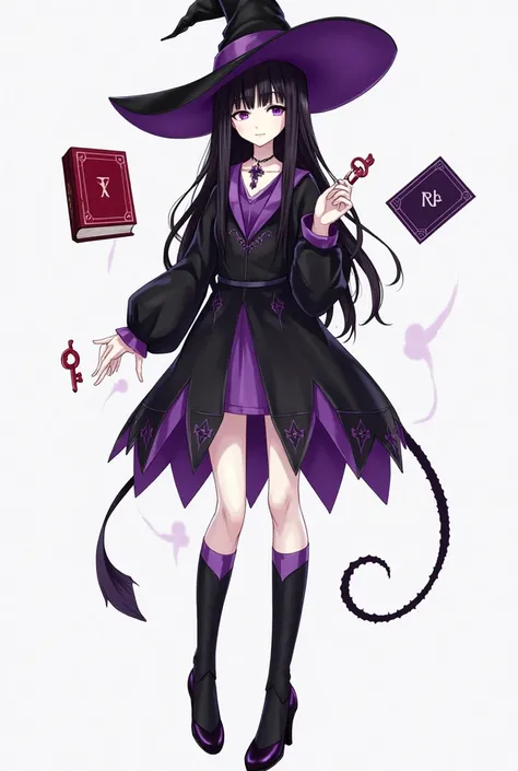 Create a girl named Lily ( character oc from Hazbin Hotel ) Her skin is almost shiny white, her hair is straight and long black, She has a black witch hat with purple details, her clothes are a black and purple dress with a V-neck and the dress has a long ...