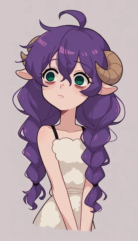  Better quality ,  very detailed illustration, ram-guy , sheep horns, green eyes, fair skin, The hair is long,  pigtail hair , purple hair, disheveled hair, disheveled voluminous hair, dark circles under eyes, sleepy look ,  slim,  perfect body , Simple dr...